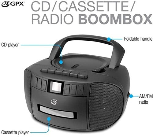 GPX BCA209B Stereo Boombox With CD Player, Cassette Recorder,  AM/FM Radio AC/DC (Black)