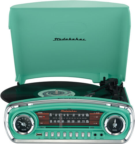 Studebaker SB6057TE Retro Turntable 3 Speed AM/FM Radio Bluetooth Receiver (Teal)